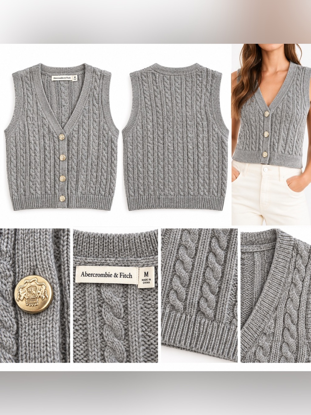 Abercrombie & Fitch Gray Cable Knit Sweater Vest Gold Buttons Size M
